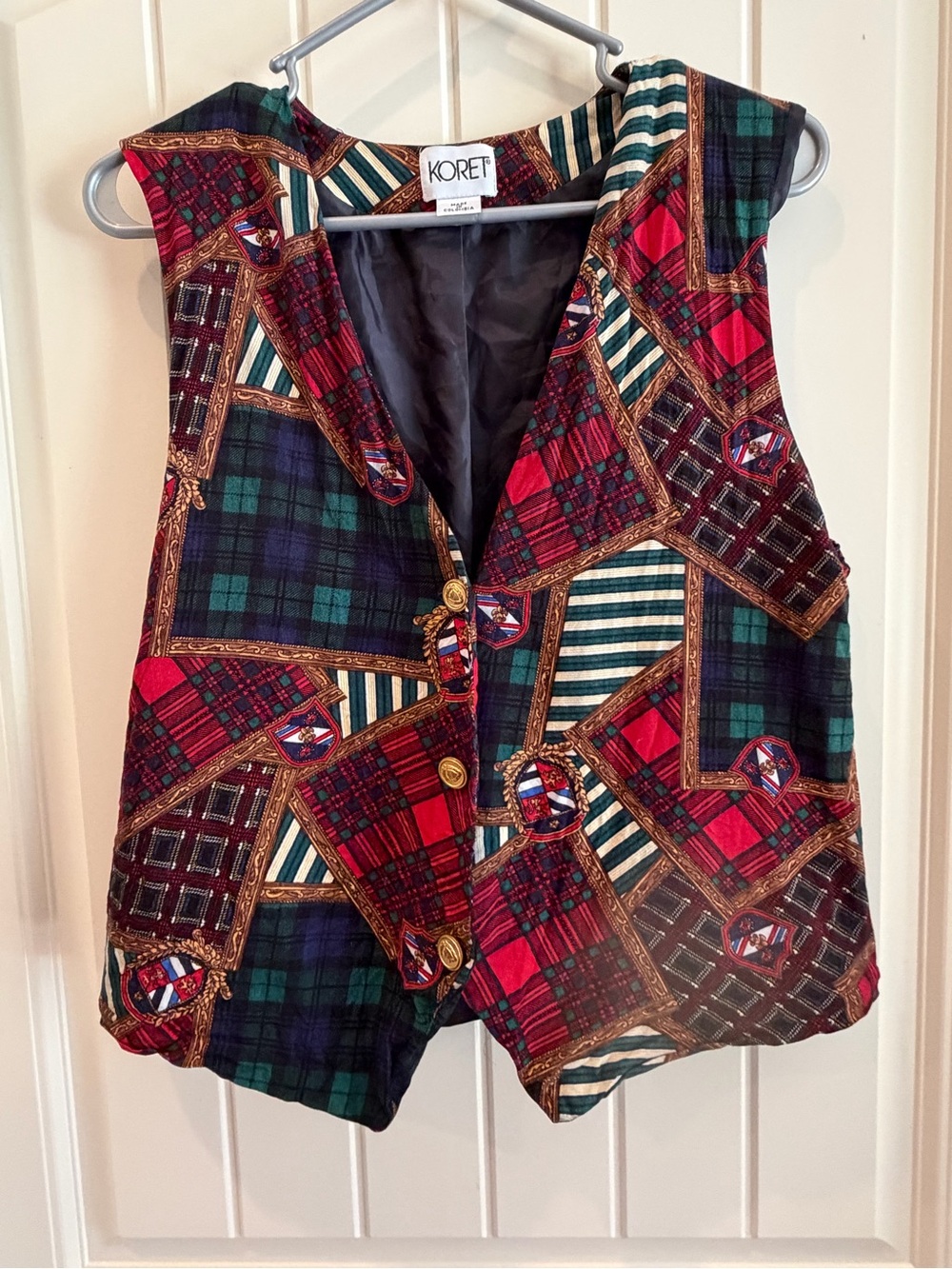 Koret Multicolor Patchwork Plaid Button Vest - Red, Green, Navy, Cream